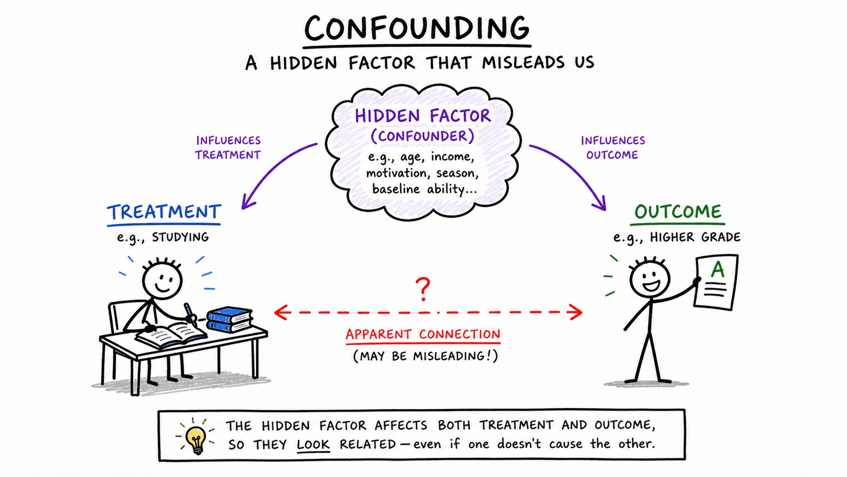Hand-drawn illustration showing a hidden factor influencing both treatment and outcome.
