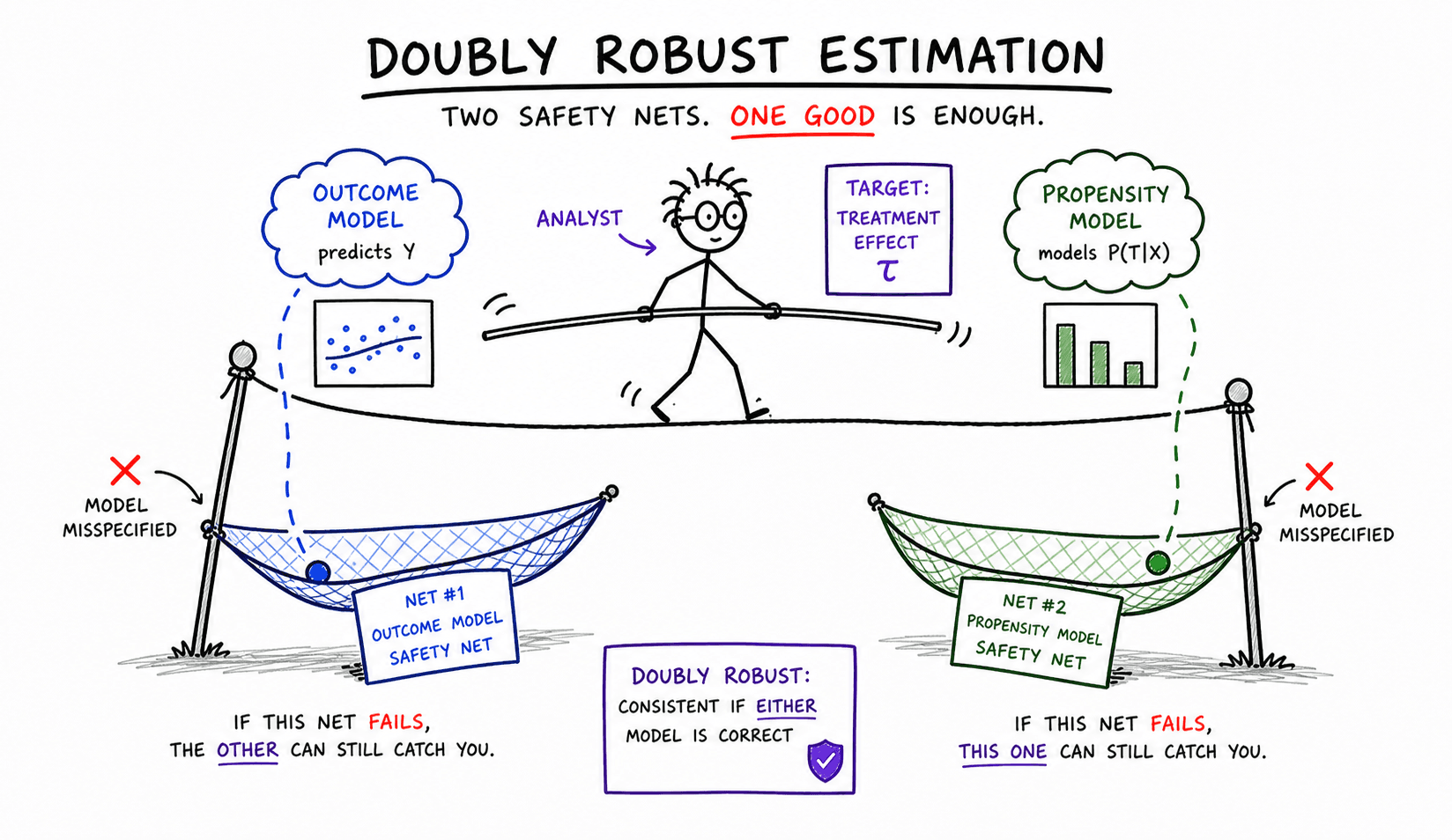 Hand-drawn illustration of doubly robust estimation using two safety nets.