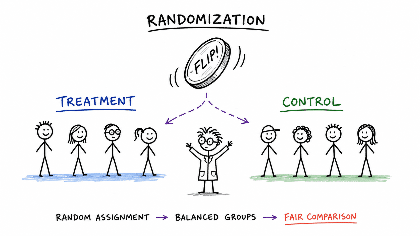 Hand-drawn illustration of a coin flip splitting people into treatment and control groups.