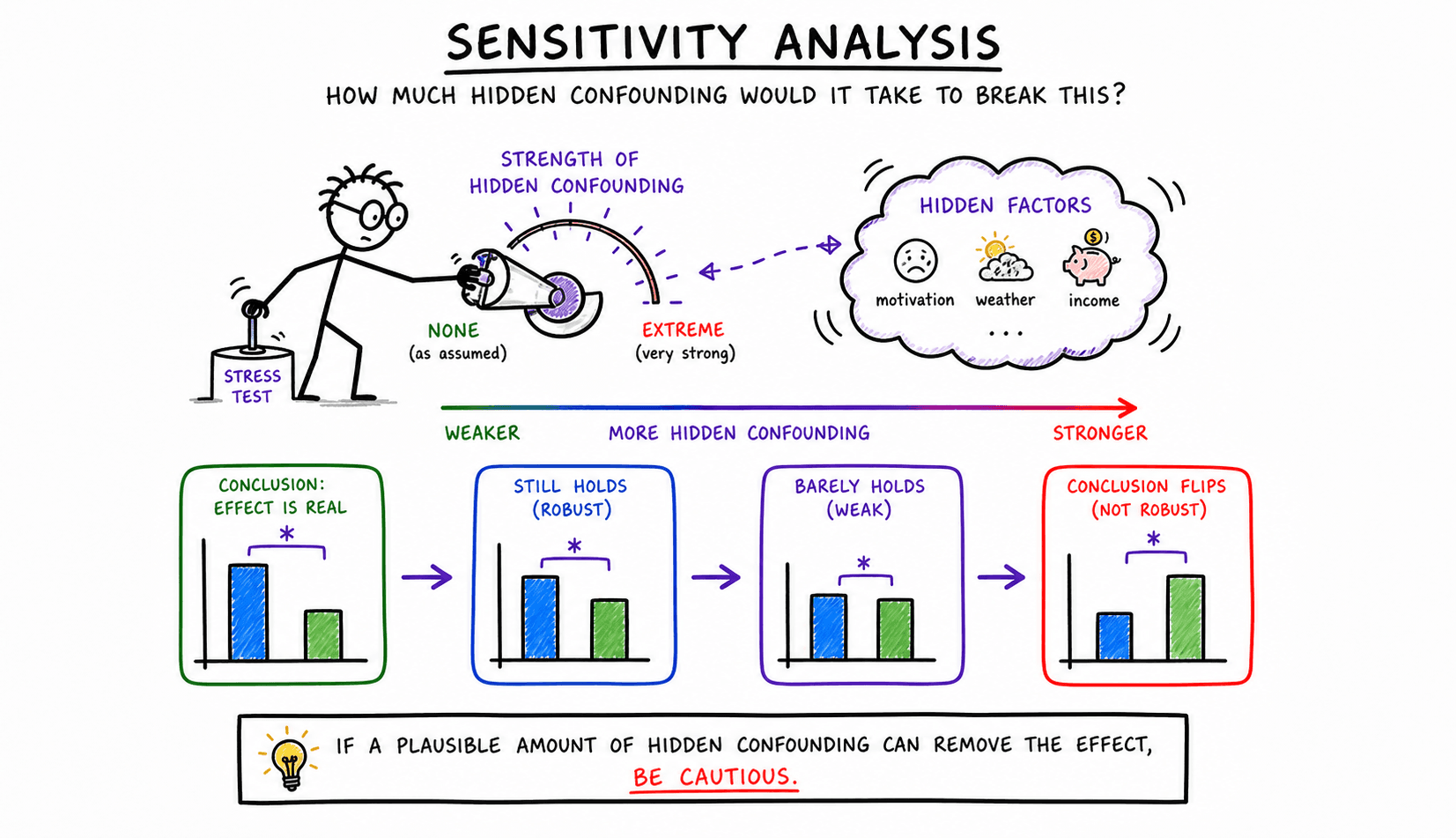 Hand-drawn illustration of sensitivity analysis stress-testing hidden confounding.